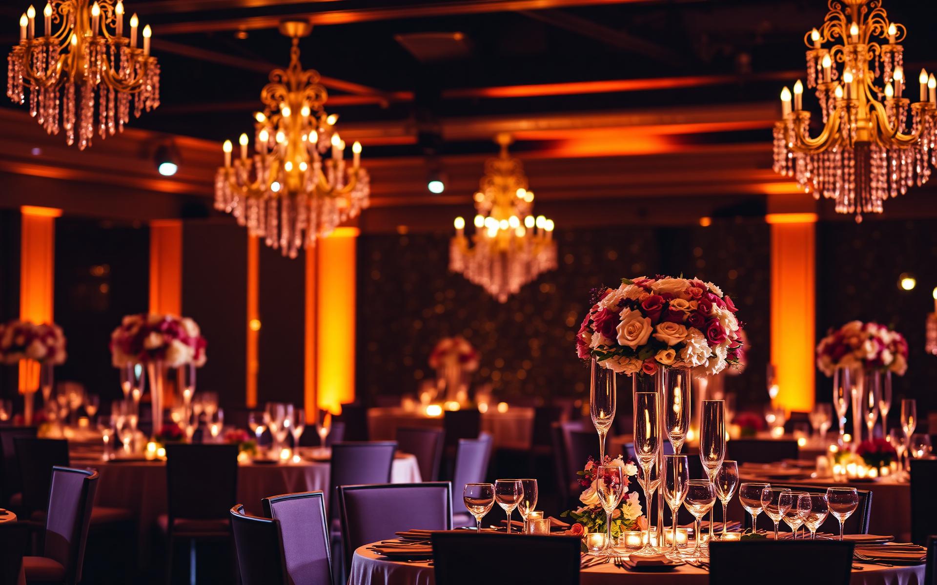 Elegant wedding reception with chandeliers and champagne uplighting